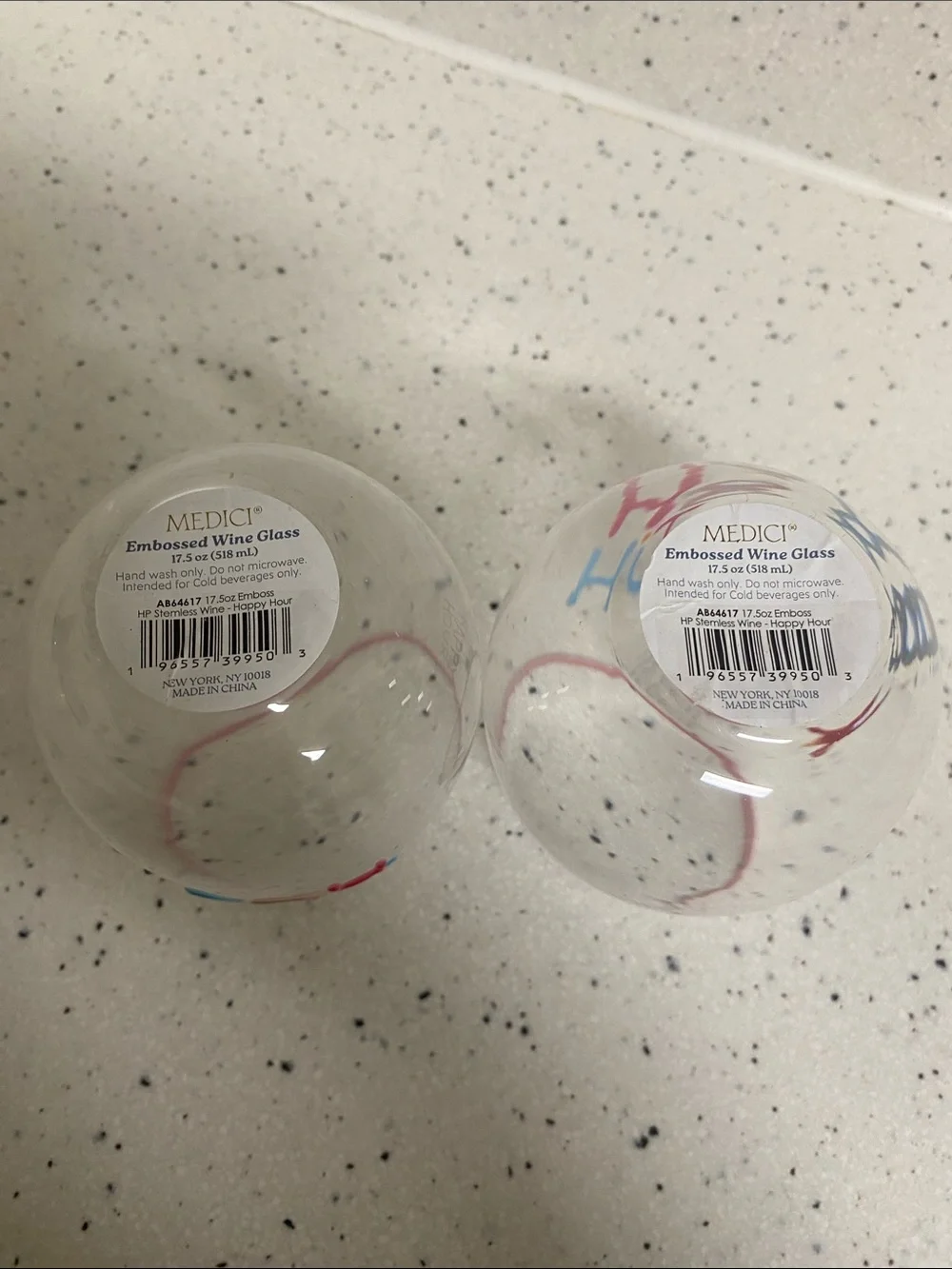NWT.  Medici, “Happy Hour” Multicolor Stemless Wine Glass (Set of 2)